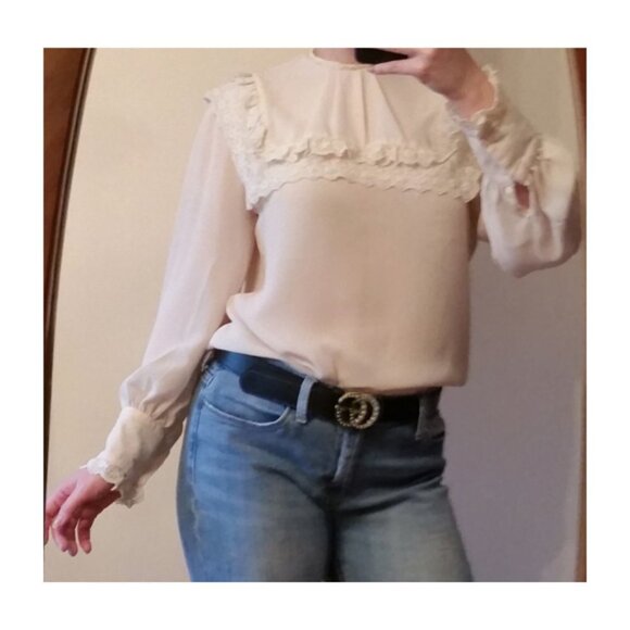 𝅺Vintage 60-70s cream romantic goth dress up layer dressy lace blouse s/m. - Picture 2 of 7